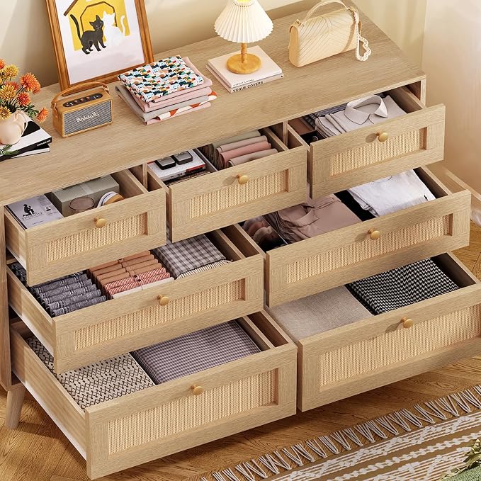 TEENFON Dresser for Bedroom, 47.2''Wide 7 Drawer Rattan Dresser, Wood Dressers TV Stand, Boho Dressers & Chests of Drawers for Bedroom, Entryway, Natural
