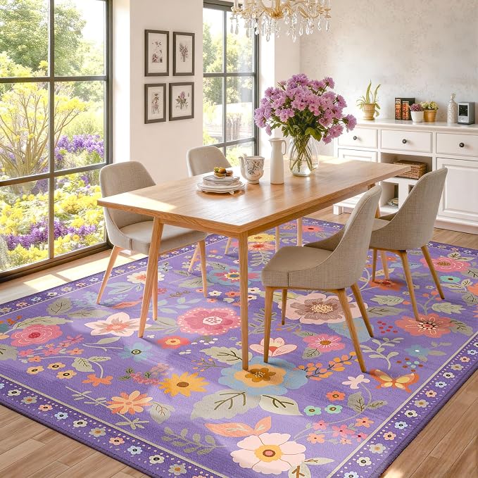 RELEANY Floral Washable 6x9 Area Rugs Purple/Pink | Flower Carpet, Print, Boho, Non-Slip, Easy to Clean, Soft, Low Pile for Living Room Bedroom Kitchen Office Entryway Hallway