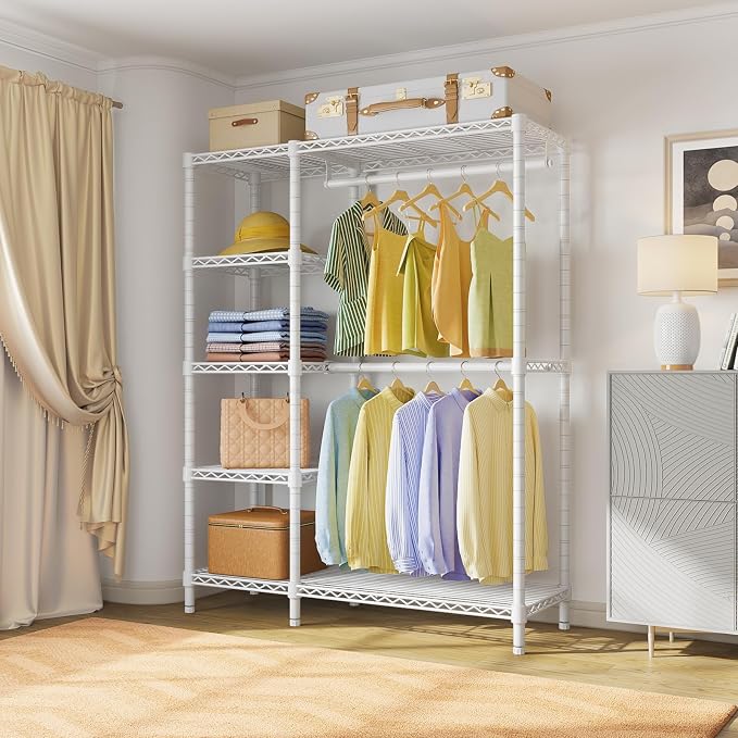 VIPEK V7 Clothing Rack with Shelves Heavy duty Closet for Hanging Clothes | 5 Tiers Adjustable Wire Shelving, Double Hanging Rods, 670lbs Metal Closet System, Space-Saving Storage for Bedroom,White