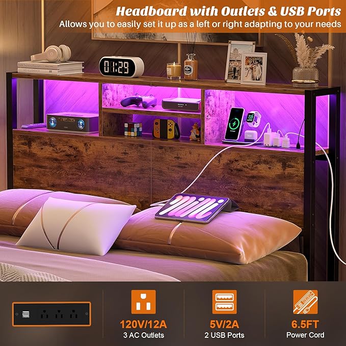 Aheaplus Headboard for Full Size Bed with Storage, Headboards with Outlets | Full Size Head Board Only, USB Ports and LED Light, Height Adjustable, Reversible, Sturdy & Stable Headboard, Rustic Brown
