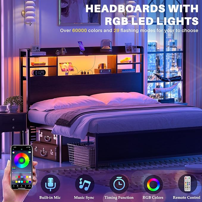 Aheaplus Headboard for Full Size Bedwith Storage and Outlets, Black | Headboards with LED Light, Power Outlets, USB Ports Full Size Head Board, Wood headboard Only Sturdy and Stable Headboards
