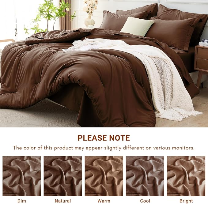 7 Pieces California King Comforter Set, Soft Bed in a Bag Cal King Size, All Season Bedding Set with Comforter, Flat Sheet, Fitted Sheet, Pillowcases & Shams, Brown