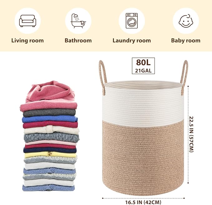 OIAHOMY 80L Nursery Hamper Laundry Basket Laundry Hamper Brown/White | collapsible Blanket Basket Cotton Rope Woven Basket Dirty Clothes Hamper Baby Hamper Tall Clothes Hamper with Handles