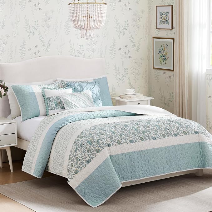 Madison Park 100% Cotton Quilt Set Floral Print, Double Sided Stitching, All Season, Lightweight Coverlet Shabby Chic Bedding Layer, Matching Shams, Full/Queen, Light Teal 6 Piece,Aqua | Double-Sided Stitching Floral Design, All Season, with Shams, Bed...
