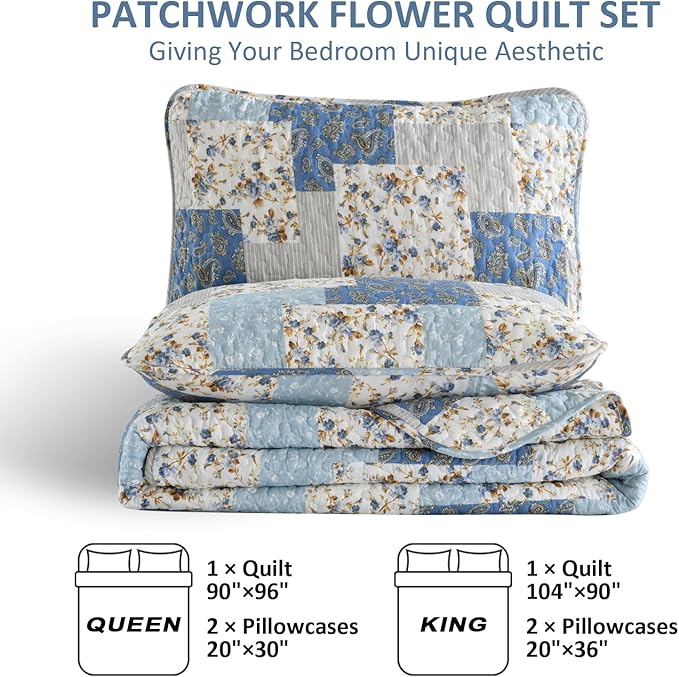 Mybedsoul Boho Quilts Queen Size, Floral Patchwork Bedding Set, Light Blue | Soft Lightweight Microfiber Coverlet Set, 3 Pieces Plaid Reversible Bedspread, Bed Sets for All Seasons 96"x90"