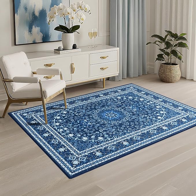 3 x 5 Area Rugs for Living Room, Washable Boho Carpets Blue White | Faux Wool Rug for Entryway Bedroom, Floral Medallion Vintage Rugs with Non-Slip Rubber, 0.25inch Low Pile Kid & Pet Friendly