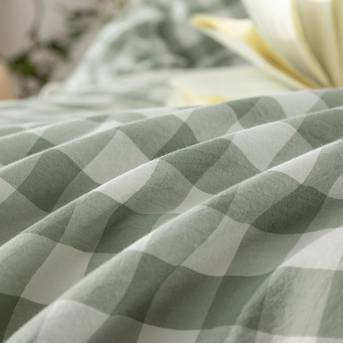 BESTOUCH Gingham Cotton Duvet Cover Set Sage Green California King | Washed Cotton, Linen Feel, Soft Wrinkle Texture, Hidden Zipper, 8 Ties, Breathable Lightweight Durable Comfy, 3 Pcs No Insert