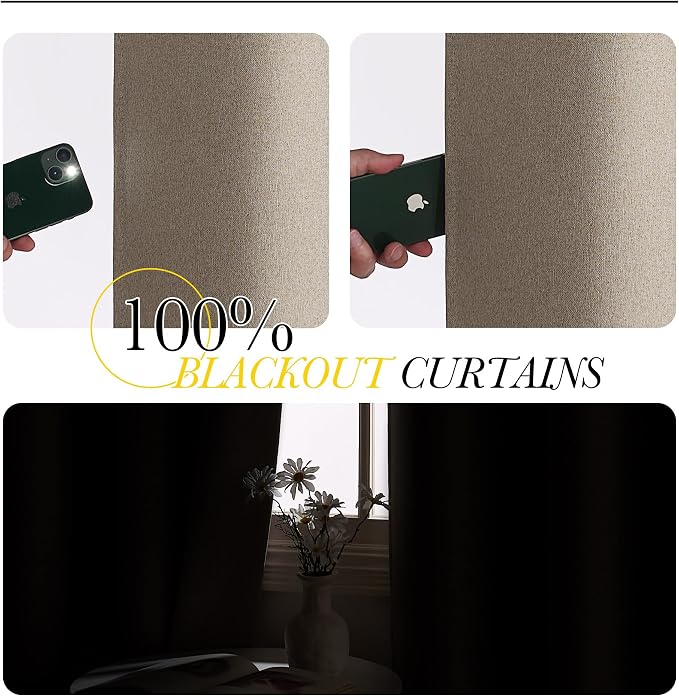 NICETOWN Vintage Faux Linen Weave Flax Thermal Curtains for Living Room, W52 x L96 in Per Panel, Set of 2, 100% Blackout Curtains for Bedroom, Window Treatments for Night Shift Workers, Taupe