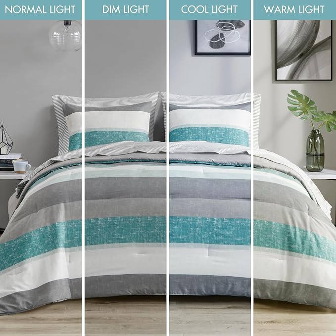 Madison Park Essentials King Comforter Set, Bed in A Bag Comforter & Sheet Set, Modern Casual Stripes Print, All Seasons, Soft Microfiber Bedding Makeover, Matching Shams, Cal King Aqua/Grey 7 Piece