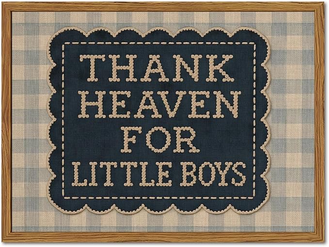 Framed Thank Heaven for Little Boys Wall Art, Baby Boy Nursery Wall Decor, Vintage Blue Gingham Inspirational Quote Paintings Canvas Prints Pictures for Toddler Kids Bedroom 16x24 inch