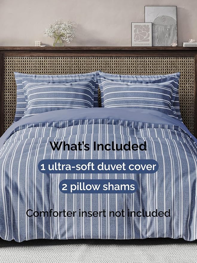 Duvet Cover Cal King Size - 3 Piece with Zipper Closure - Blue Stripes | Extra Soft, Breathable, Cal King Duvet Cover 104" x 98" with 2 Pillow Shams, Zipper Closures & Ties, Women, Men, Kids & Teens