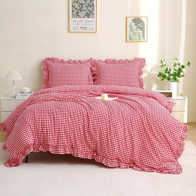 Silnuo Red/White Gingham Plaid Ruffle 3-Piece Duvet Cover Set Queen Size | 100% Washed Cotton Shabby Checkered Bedding Set Farmhouse Comforter Cover Set(Queen,Red)