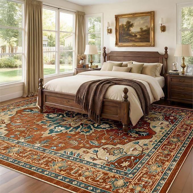 RELEANY Washable Area Rug, 8'x10', Red/Orange/Blue/Brown | Non-Slip, Water Repellent, Pet Friendly, Easy to Clean, Vintage Floral Boho Decor for Living Room Bedroom Dining Room