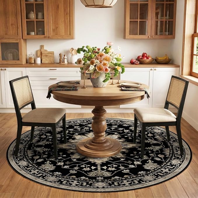 RELEANY Washable Area Rug, Round 6ft, Black/Neutral | Non-Slip, Water Repellent, Pet Friendly, Easy to Clean, Vintage Floral Boho Decor for Living Room Bedroom Dining Room