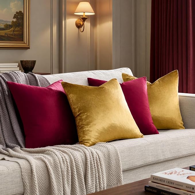 GIGIZAZA Pack of 4 Decorative Velvet Pillow Covers 18x18 Burgundy Gold | Throw Pillows for Couch Sofa,280gsm Soft Textured Fabric,Modern Accent Pillowcases,Luxury Living Room Cushion Covers