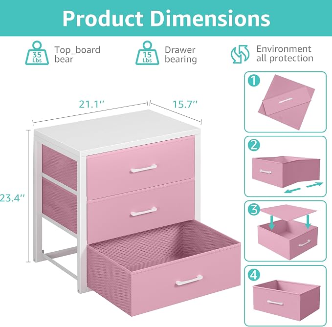 BOLUO Closet Drawers Pink 3 Drawer Dresser for Closet Organizers and Storage Bedroom Dorm Modern
