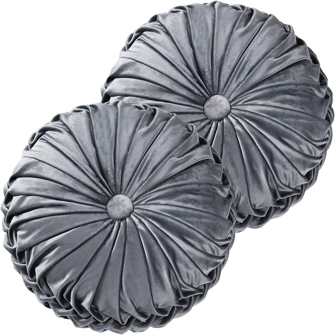 HIG Set of 2 Dark Gray Velvet Decorative Round Pleated Throw Pillows | Vintage Floor Pillows, Classy Accent Pumpkin with Center Button, for Sofa Couch Vanity Chair Bed, 14.5" Diameter