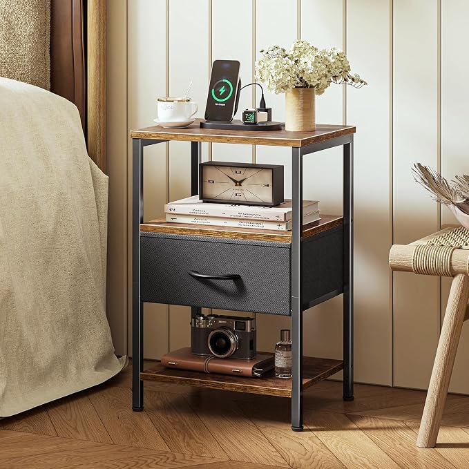 SUPERJARE Nightstand with Charging Station, Bed Side Table with Adjustable Fabric Drawer, Night Stand for Bedroom, 3-Tier Storage End Table, for Living Room, Rustic Brown and Black | Night Stand for Bedroom, with Adjustable Fabric Drawer, 3-Tier Storag...