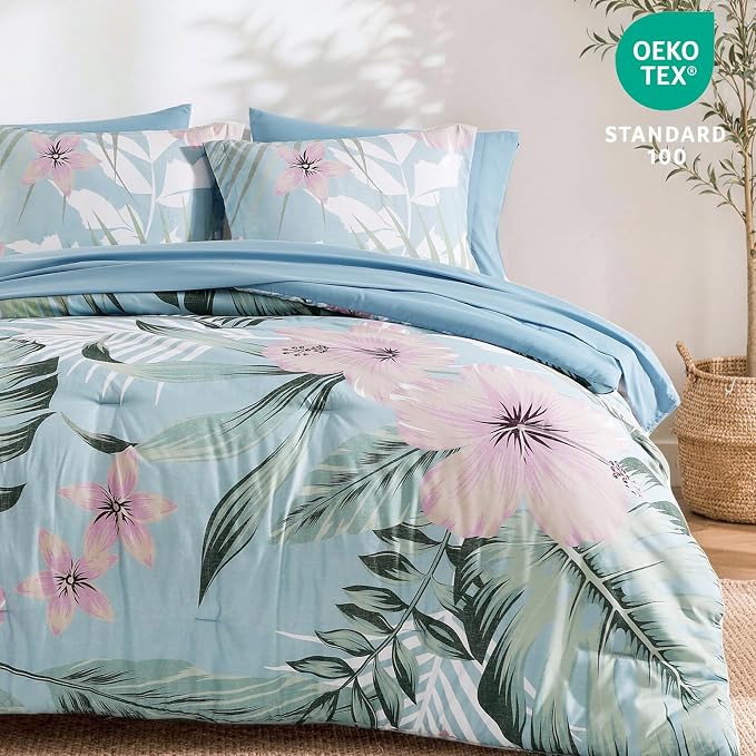 King Size Comforter Set - 7 Pieces Floral Bed in a Bag King Bedding Set | Tropical Palm Leaf Comforter Set with Sheets, Pillowcases & Shams for All Seasons, Blue