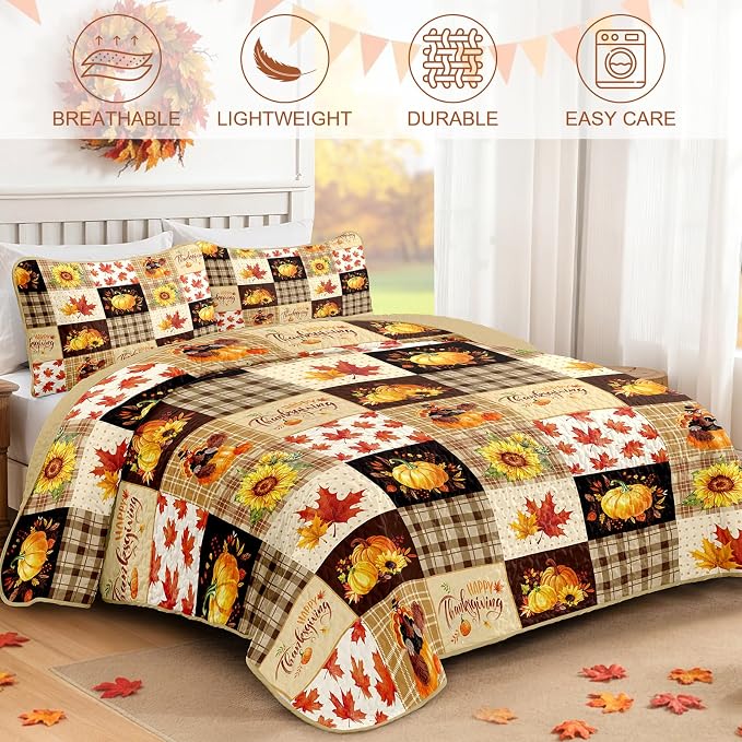 Fall Patchwork Quilt Set Queen, 3 Pieces Thanksgiving Bedding Set Brown | Sunflower Maple Leaves Pumpkin Pattern Bedspread, Soft Lightweight Microfiber Autumn Coverlet with 2 Pillow Shams (96"x90")