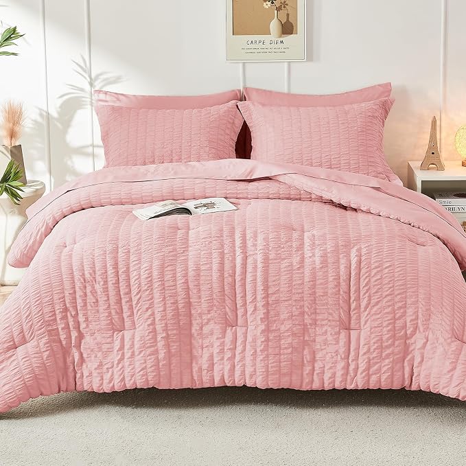 HYMOKEGE Rose Pink California King Comforter Set Seersucker 7 Pieces, All Season Luxury Bed in a Bag for Bedroom, Bedding Set with Comforter, Sheets, Pillowcases & Shams