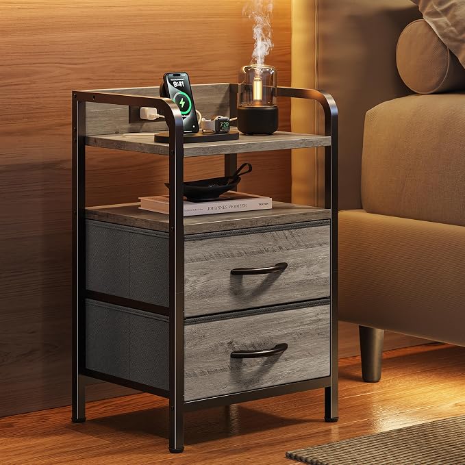 Huuger Nightstands Set of 2, Night Stand, Charging Station, USB-C Ports | 2 Drawers Bed Side Table, Open Shelf, 2-Way Power Panel Installation, End Table for Bedroom, Oak