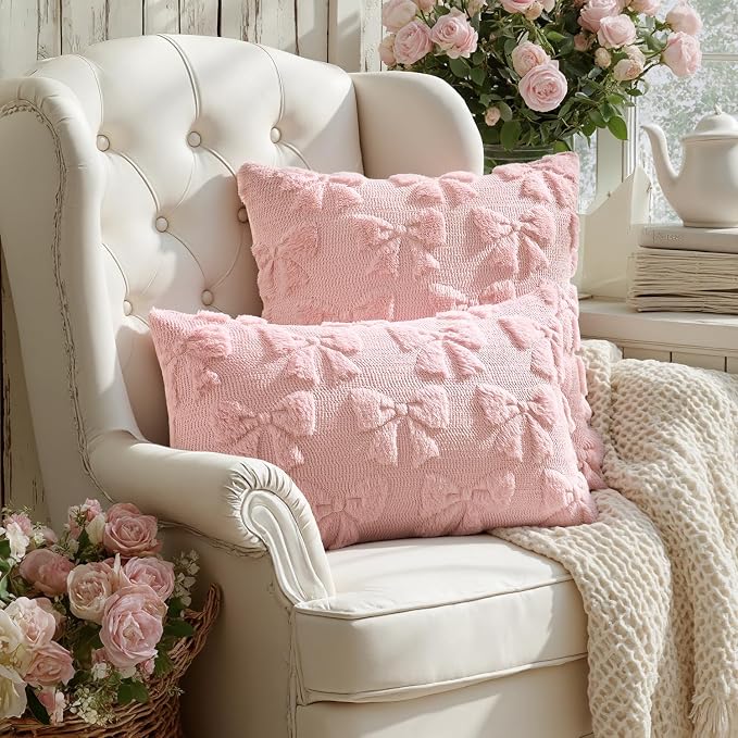 MIULEE Light Pink Bow Pillow Covers Coquette Room Decor 20x20 | Aesthetic Decorative Cute Girl,Set of 2 Cushion Covers,Soft Plush Faux Pillowcases,Preppy Room Decor Bedroom Couch