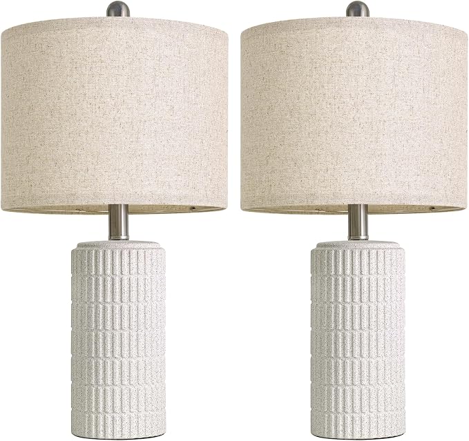 PoKat 20.75" Stone-Like Farmhouse Ceramic Table Lamps Set of 2 for Bedroom, White Bedside Lamps for Night Stands, Matte-Textured Decor Nightstand Table Lamps for Living Room End Table White