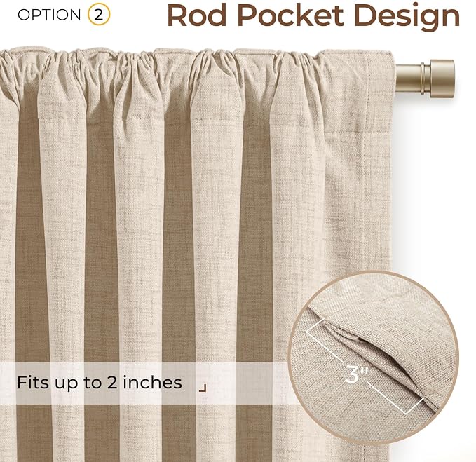 INOVADAY 100% Blackout Linen Curtains for Bedroom 42x96 Inches Oatmeal | Linen Textured, Light Blocking, Room Darkening, Thermal Insulated, Back Tab Top, Window Curtains for Living Room, 4 Panels