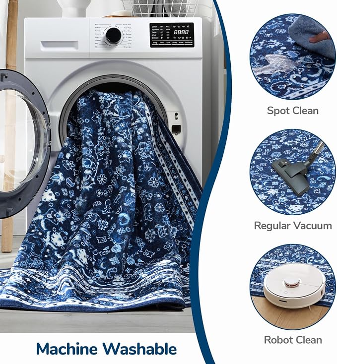 3 x 5 Area Rugs for Living Room, Washable Boho Carpets Blue White | Faux Wool Rug for Entryway Bedroom, Floral Medallion Vintage Rugs with Non-Slip Rubber, 0.25inch Low Pile Kid & Pet Friendly