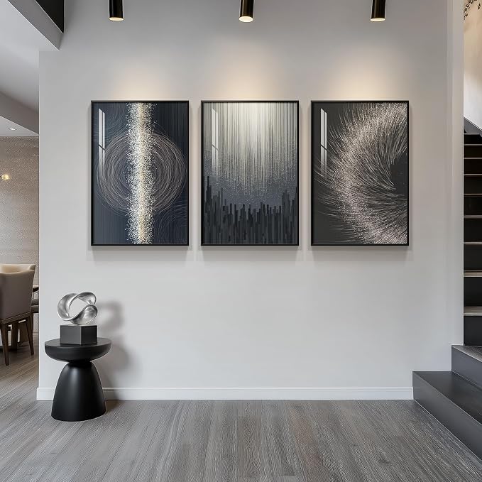 Large Black Silver Abstract Wall Art for Living Room, 3 Piece 24x36 In | Framed modern wall art, Elegant wall decor, Luxury wall art for bedroom dining room office hallway