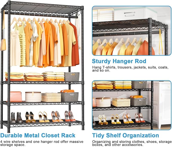 Ulif H4 Plus Portable Closets, 4-Tier Clothes Garment Rack for Bedroom | Heavy-Duty Metal Clothing Storage and Organizer Wardrobe System for Cloakroom, 45"W x 14"D x 76.4"H, Load 522lbs, Black