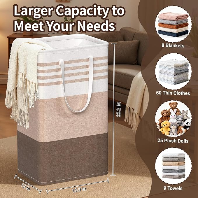 WOWBOX 2 Pack Laundry Baskets, Collapsible Dirty Clothes Laundry Hampers | with Reinforced Handles, Waterproof Coating, 2 Pack for Clean & Dirty Clothes, for Bedroom, Bathroom, Dorm (88L Khaki)