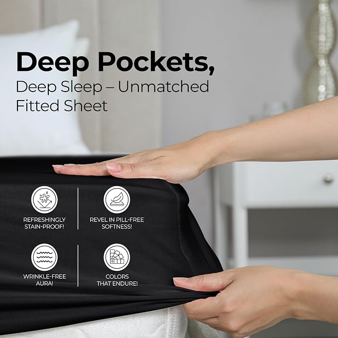 Pack of 2 Twin XL Fitted Sheet, Fits Up to 16 Inch Deep Pocket, Black | Hotel Comfort, Cooling & Breathable Cotton like Polyester, Easy Fit, Wrinkle & Fade Resistant, Snug Fit, Easy Care, Oeko-Tex