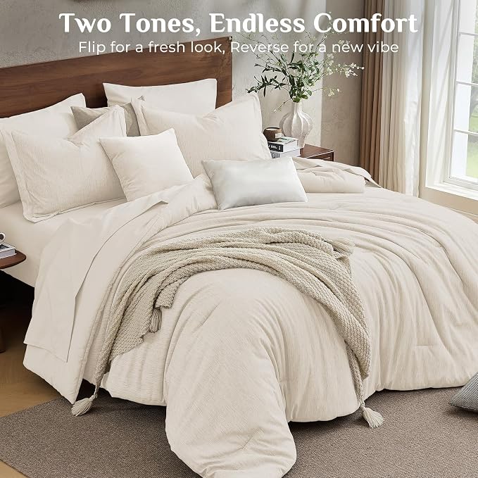 JOLLYVOGUE Beige Queen Comforter Set, Cationic Dyeing Bed in a Bag Queen 7 Pieces, Double-Tone Bedding Set with Down Alternative Comforter, Sheets, Pillowcases & Shams
