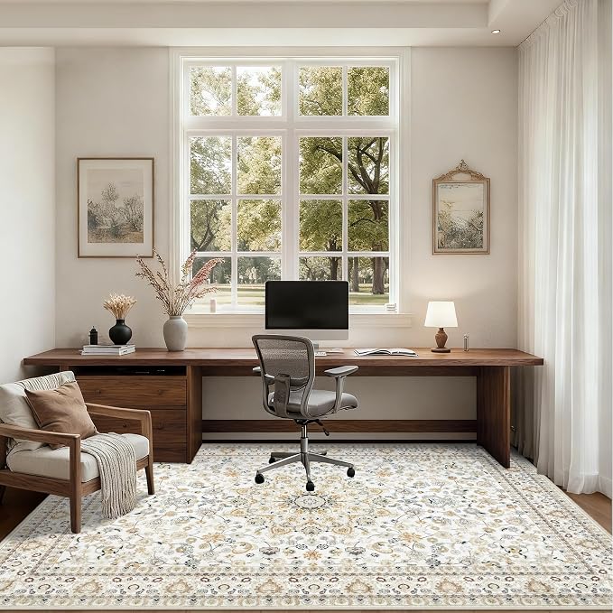 6x9 Area Rugs Living Room: Washable Vintage Rug for Bedroom Beige | Boho No Slip Stain Resistant Rug Soft Indoor Decor Floor Floral 6x9 Area Rugs for Dining Room, Nursery, Hallway, Home Office