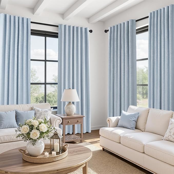 Topfinel Light Blue 120 Inch Blackout Linen Curtains 2 Panel Set for Living Room Darkening Thick Linen Textured 100% Black Out Drapes 120 Inches Long Back Tab Light Blocking Bedroom for Babys Kids