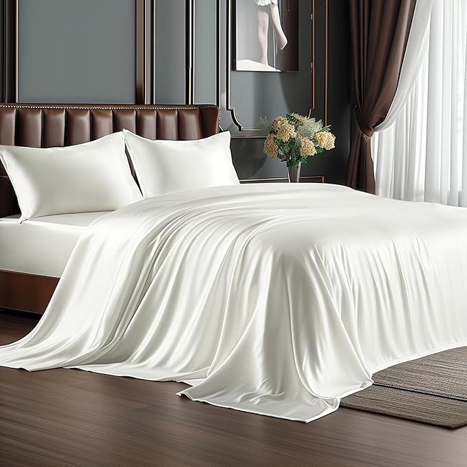 BEDELITE Satin Sheets California King Size Bed Set, Ivory White, 4 Pieces | Luxury Silky Bed Sheets, 15 Inch Deep Pocket, Similar to Silk, Soft and Cooling, Reduces Friction, Gentle on Hair and Skin