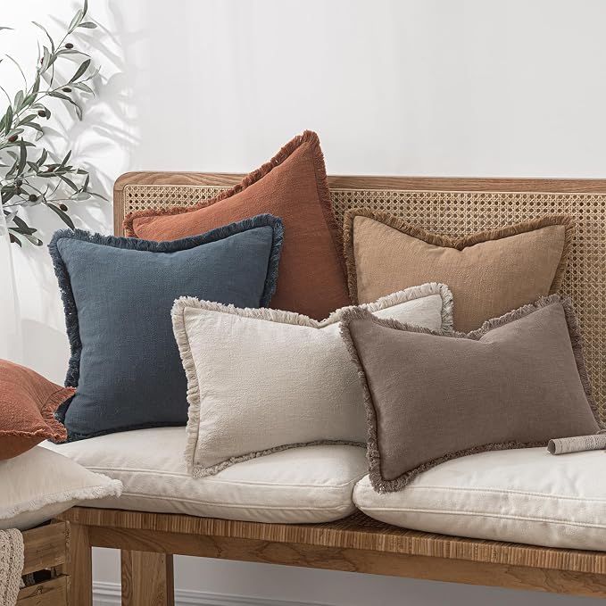 MIULEE Linen Decorative Fall Euro Throw Pillow Covers Malt Ball 26x26 | Set of 2, Cottagecore Decor, Boho Farmhouse Neutral Pillow Covers, Rustic Fall Fringe Couch Cushion for Sofa Bed Living Room