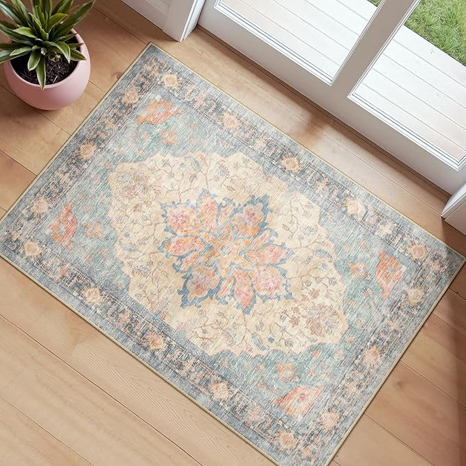 RELEANY Washable Area Rug, Small 2'x3', Blue/Orange/Red | Non-Slip, Water Repellent, Pet Friendly, Easy to Clean, Vintage Floral Boho Decor for Kitchen Entryway Bathroom