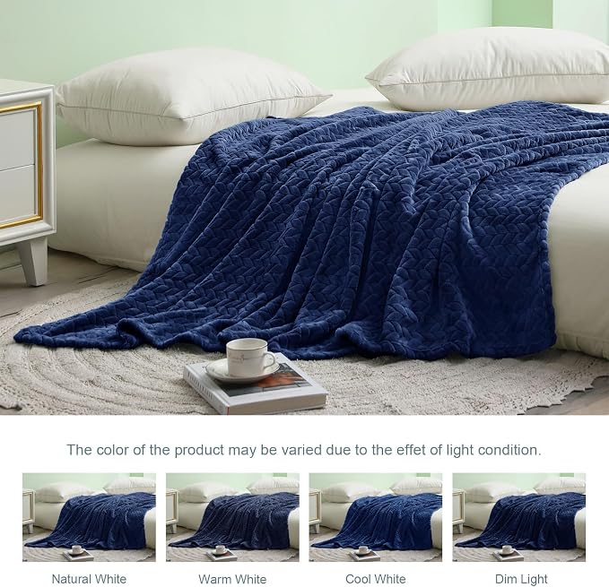 Exclusivo Mezcla Soft Fleece Bed Blanket Queen Size, 90”x90”, Navy Blue | Cozy Fluffy Lightweight Blankets for Summer, Decorative Plush Flannel Throws for Living Room, Bedroom with Leaves Pattern