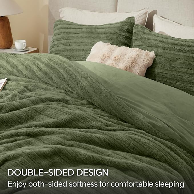 BEDELITE Faux Fur Queen Comforter Set, Fluffy Bed Set, Olive Green | Super Soft & Warm, Luxury Fuzzy Cozy Comforter for Winter, Heavy Plush Bed set, with 2 Pillowcases