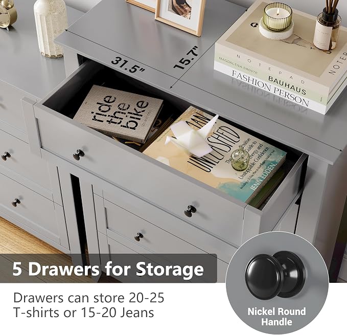 Garvee Grey 5-Drawer Dresser for Bedroom, 42.7" H Storage Drawers Organizer | Modern Lacquered Chest of Drawers, 15.8"D x 31.5"W x 42.7"H, Storage Dresser with Deep Drawers for Home Office