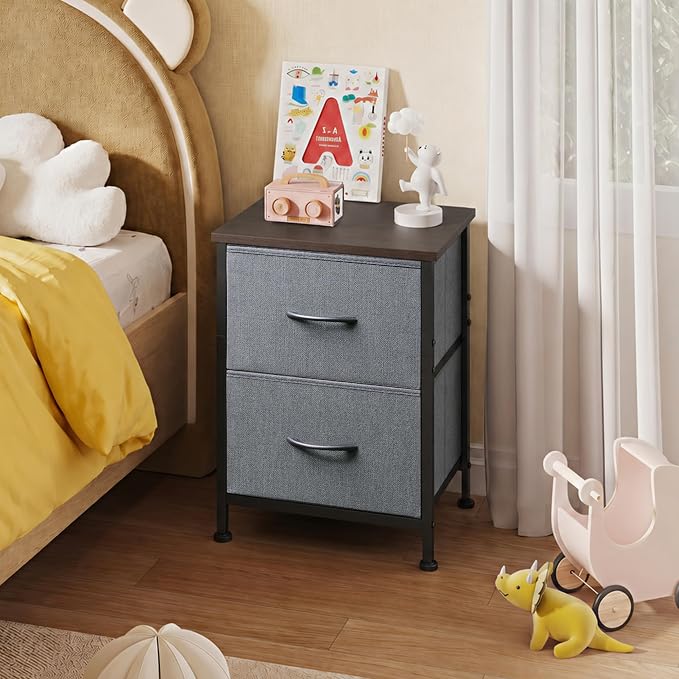 WLIVE Nightstand, 2 Drawer Dresser for Bedroom, Small Dresser with 2 Drawers, Bedside Furniture, Night Stand, End Table with Fabric Bins for Bedroom, Closet, Entryway, College Dorm, Dark Grey | End Table with Fabric Bins for Bedroom, 15-Min Quick-Assem...