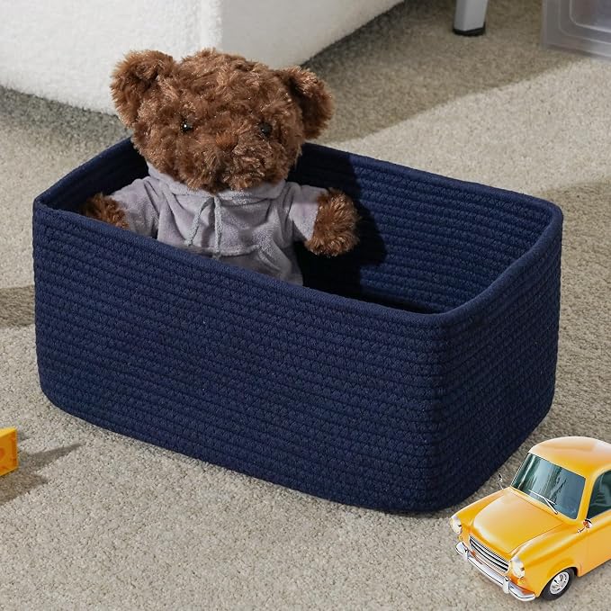 3 Pack Storage Baskets for Organizing, 13.7×9.5×6.3", Navy Blue | Woven Baskets for Shelves, Cotton Rope Basket for Gifts Empty, Closet Organizer Bins with Handles, Cube Decorative Box