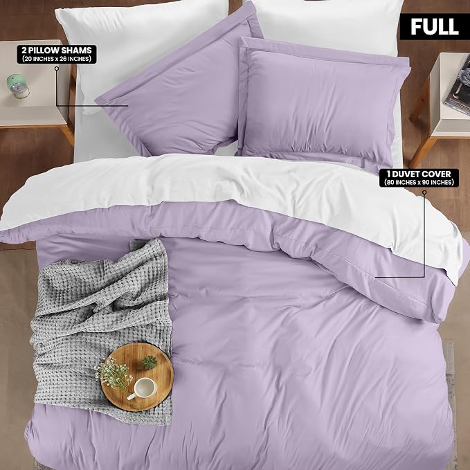 Duvet Cover Full, 3 PC Cotton Like Polyester With Zipper Closure, Lavender | Extra Soft and Breathable, Wrinkle & Fade Resistant, Includes Duvet Cover and 2 Pillow Shams, Comforter Not Included, OekoTex