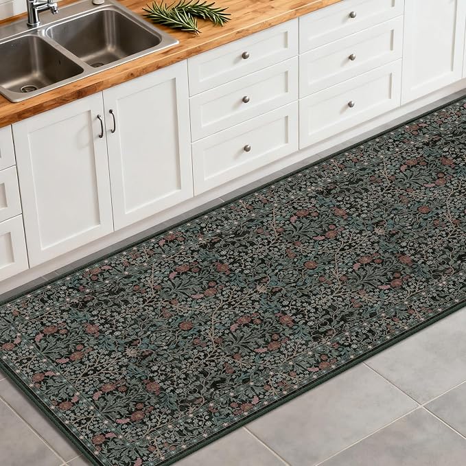 Washable 2'6" x 10' Runners for Hallways, Non Slip Long Floor Runner for Kitchen, Entryway Indoor, Stain Resistant Rubber Backing Floral Décor Rug (Dark Green)