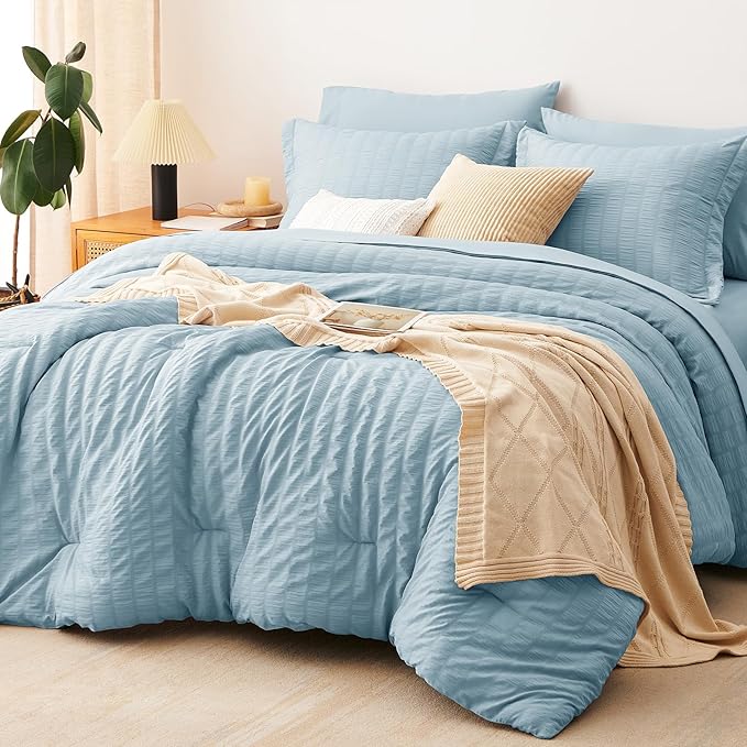 Queen Comforter Set, 7 Pieces Light Blue Seersucker Bed in a Bag | OEKO-TEX Certified, All Season Bedding Set with 240 GSM Down Alternative Comforter, Flat & Fitted Sheets, Pillowcases & Shams