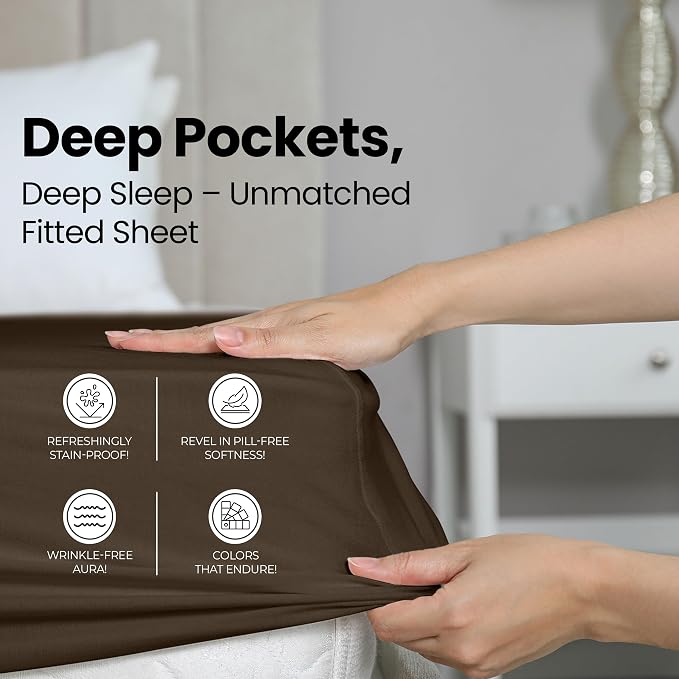 King Fitted Sheet, Ultra Soft Fits Up to 16 Inch Deep Pocket, Brown | Hotel Comfort, Cooling & Breathable Cotton like Polyester, Easy Fit, Wrinkle & Fade Resistant, Snug Fit, Easy Care, Oeko-Tex