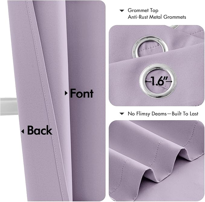 MIULEE Blackout Curtains for Bedroom 2 Panels 40 x 63 Inch Long Lilac | Thermal Insulated, Living Room Darkening Grommet Drapes, Noise Reducing, Light Blocking Window Treatments